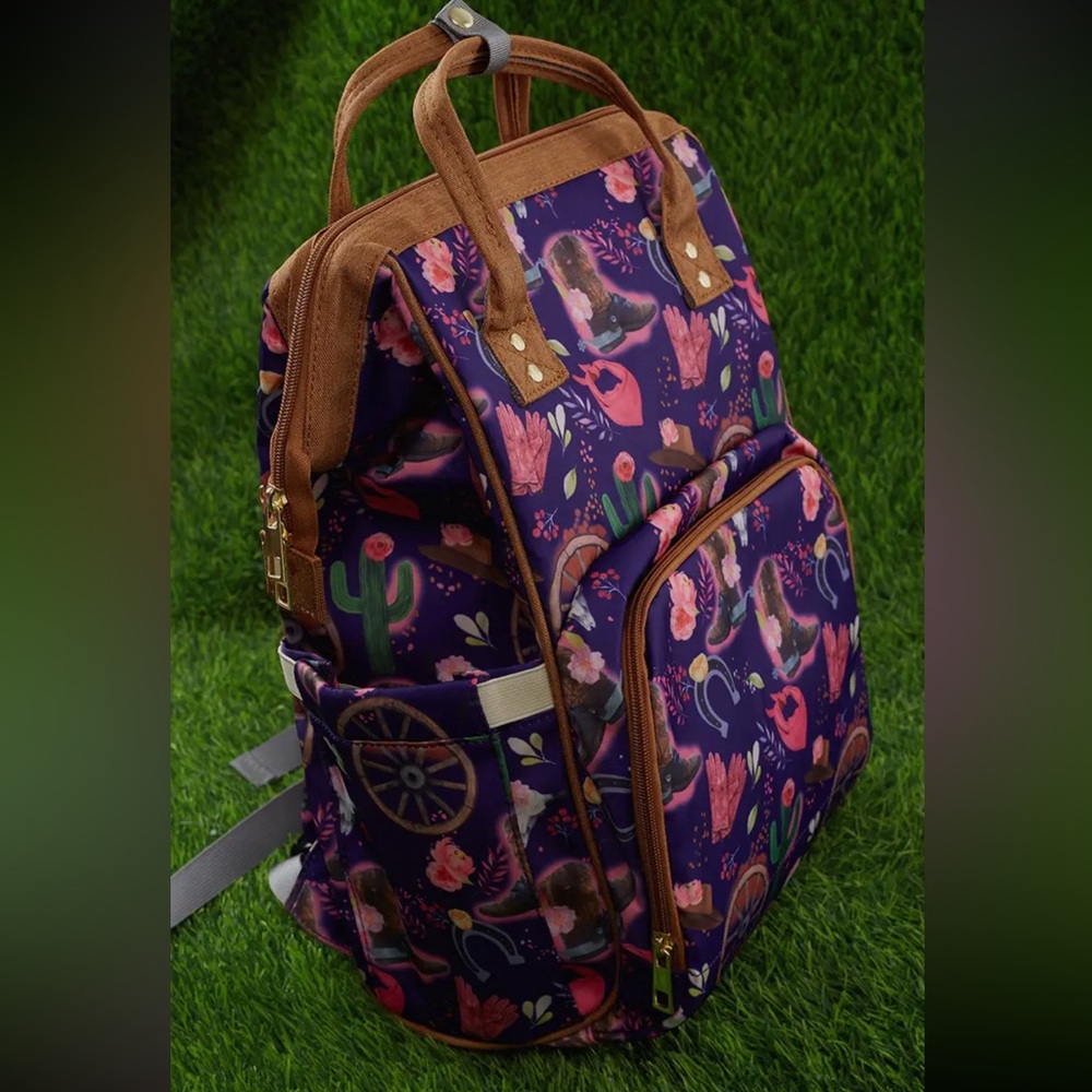 Purple western cowgirl print leather trim diaper bag